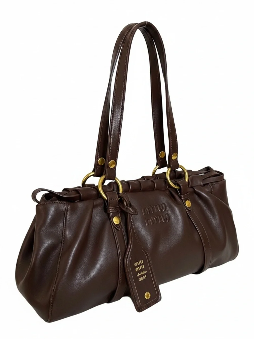 Miu Miu Dark Brown Leather Shoulder Bag with Green Charm - Picture 5 of 10